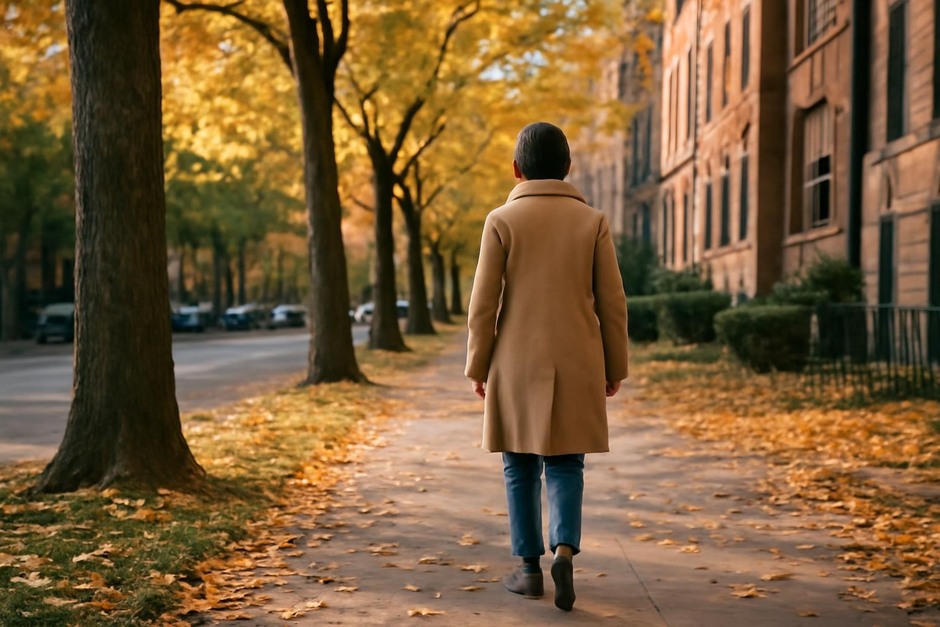 Person walking along a tree-lined city street with fallen leaves