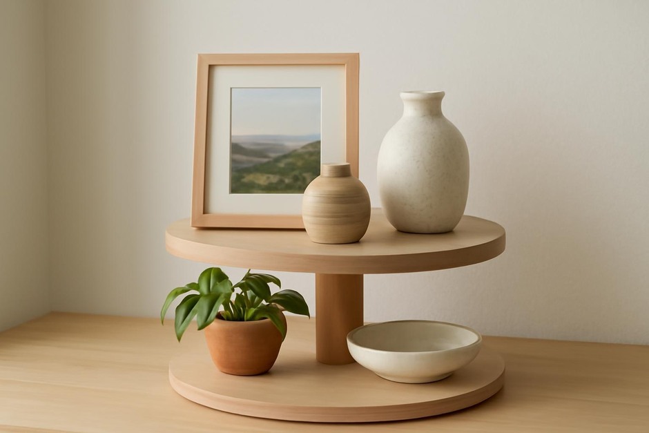 A small shelf with a rotating display of objects, a plant, and a framed photo