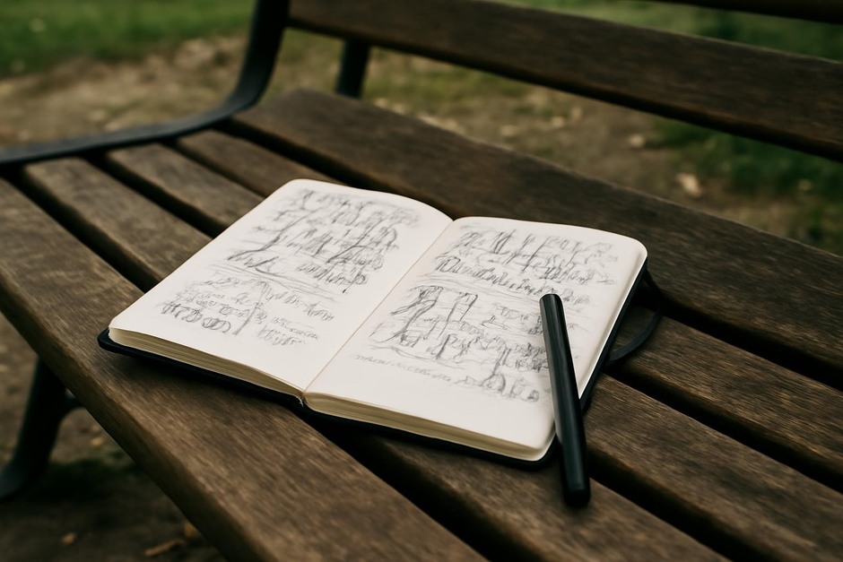 A small notebook open on a park bench with quick street sketches and notes